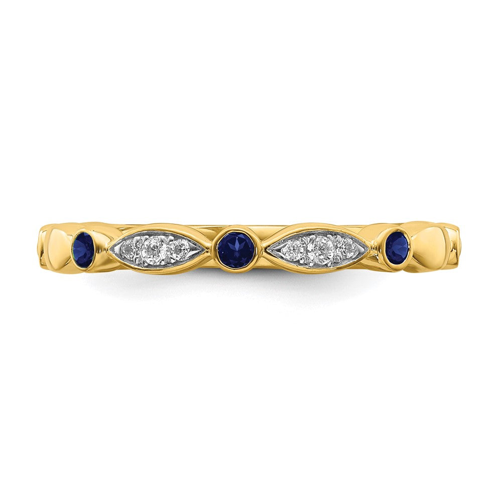 Alternate view of the 14k Yellow Gold Created Sapphire &amp; .05 Ctw Diamond Stackable Band by The Black Bow Jewelry Co.