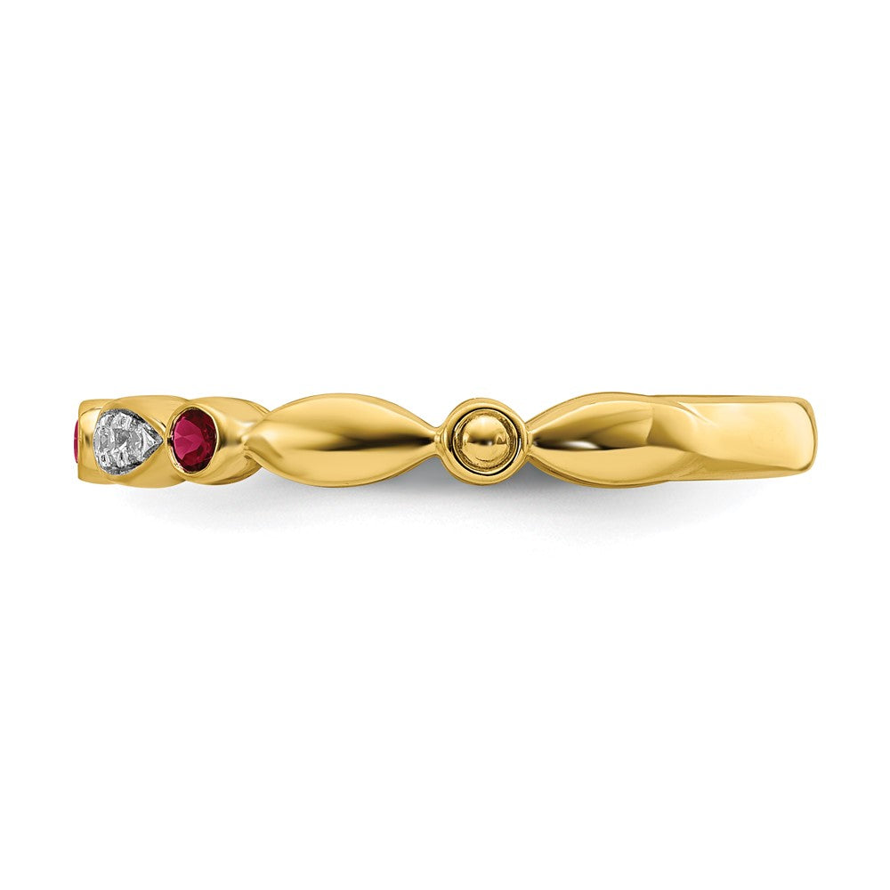Alternate view of the 14k Yellow Gold Created Ruby &amp; .05 Ctw Diamond Stackable Band by The Black Bow Jewelry Co.