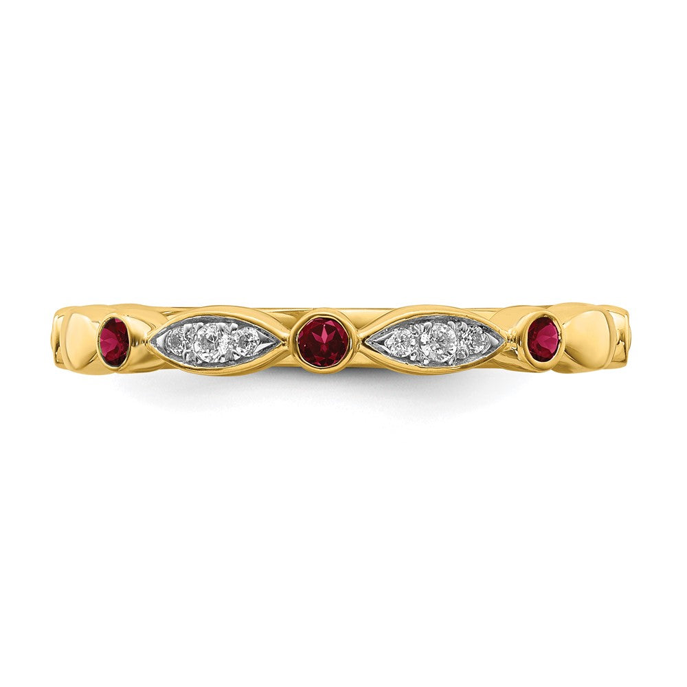 Alternate view of the 14k Yellow Gold Created Ruby &amp; .05 Ctw Diamond Stackable Band by The Black Bow Jewelry Co.