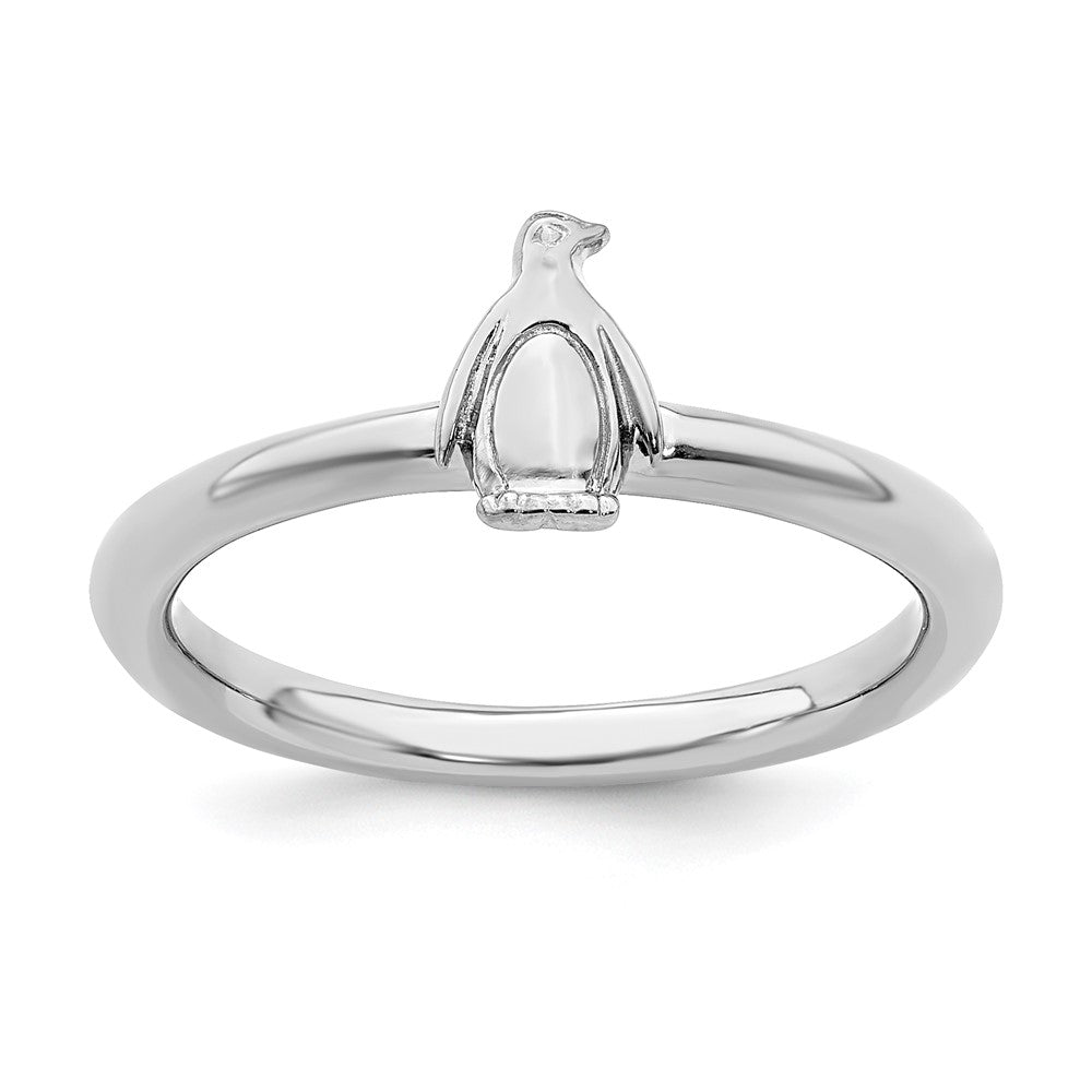 Rhodium Plated Sterling Silver Stackable Penguin Ring, Item R11421 by The Black Bow Jewelry Co.