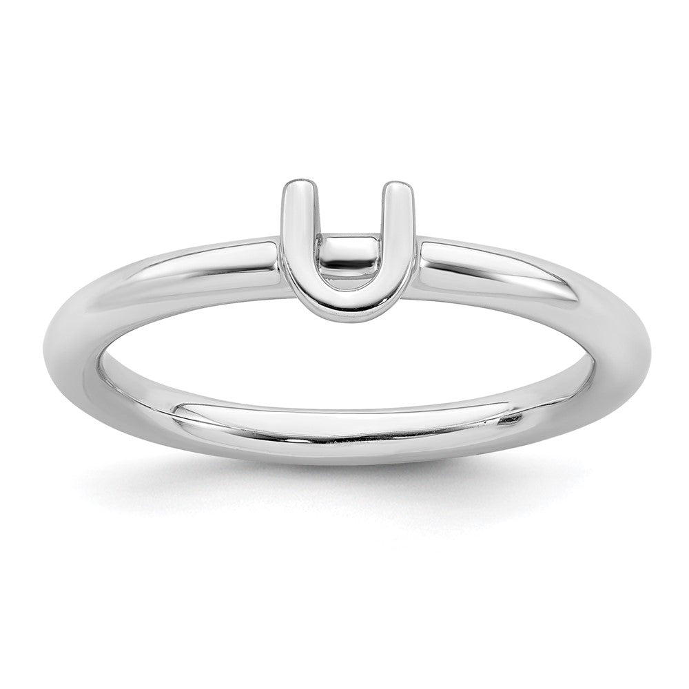 Rhodium Plated Sterling Silver Stackable Letter U Ring, Item R11423 by The Black Bow Jewelry Co.