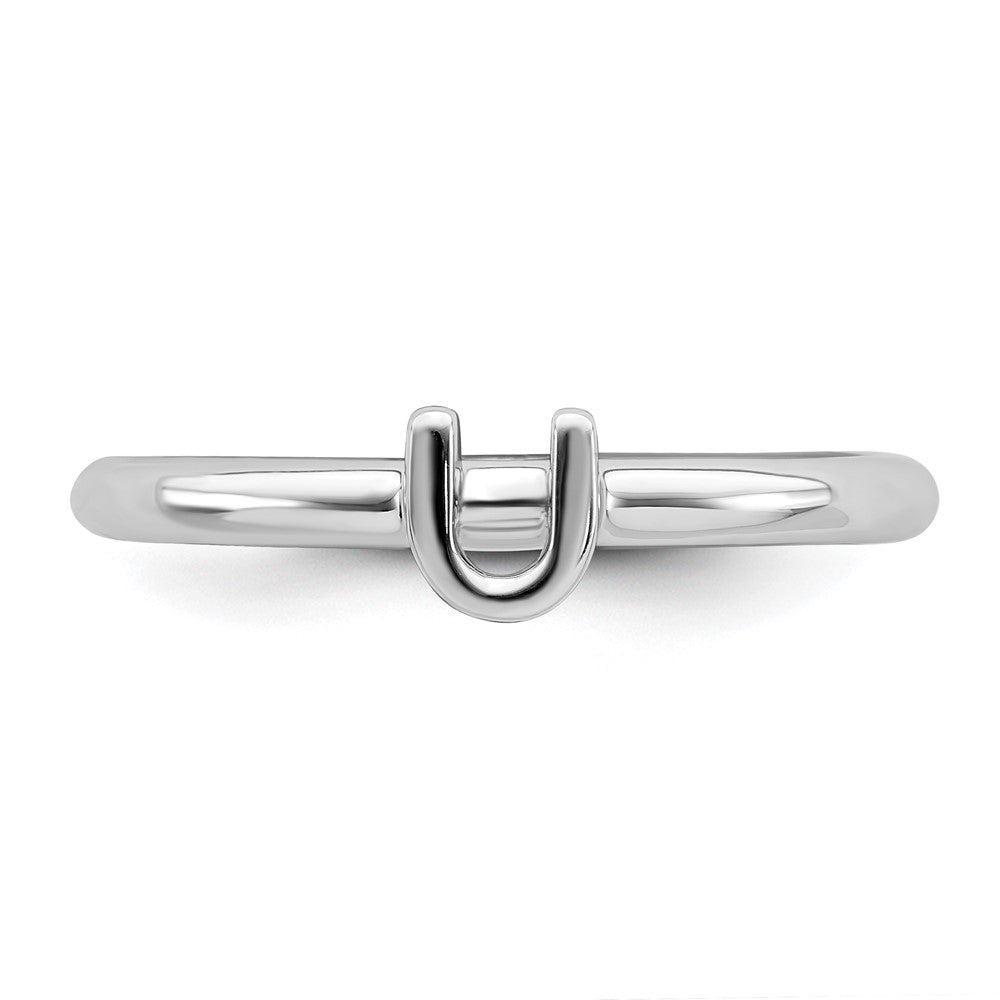 Alternate view of the Rhodium Plated Sterling Silver Stackable Letter U Ring by The Black Bow Jewelry Co.