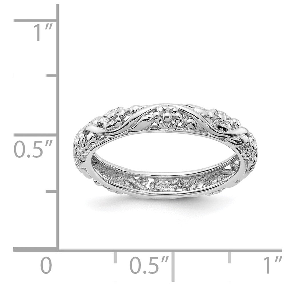 Alternate view of the 3.5mm Sterling Silver Rhodium Plated Stackable Floral Band by The Black Bow Jewelry Co.