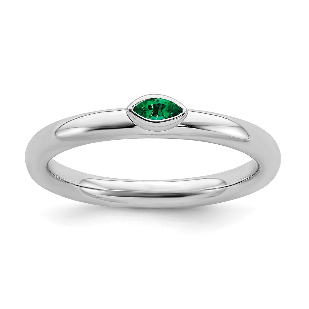 Sterling Silver Marquise Lab Created Emerald Solitaire Stackable Ring, Item R11470 by The Black Bow Jewelry Co.