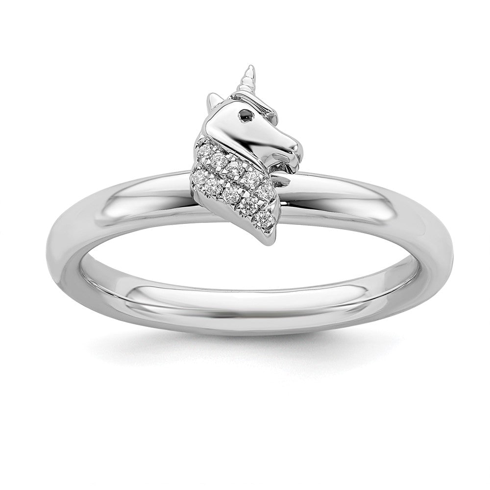 Rhodium Plated Sterling Silver &amp; Diamond Stackable Unicorn Ring, Item R11507 by The Black Bow Jewelry Co.