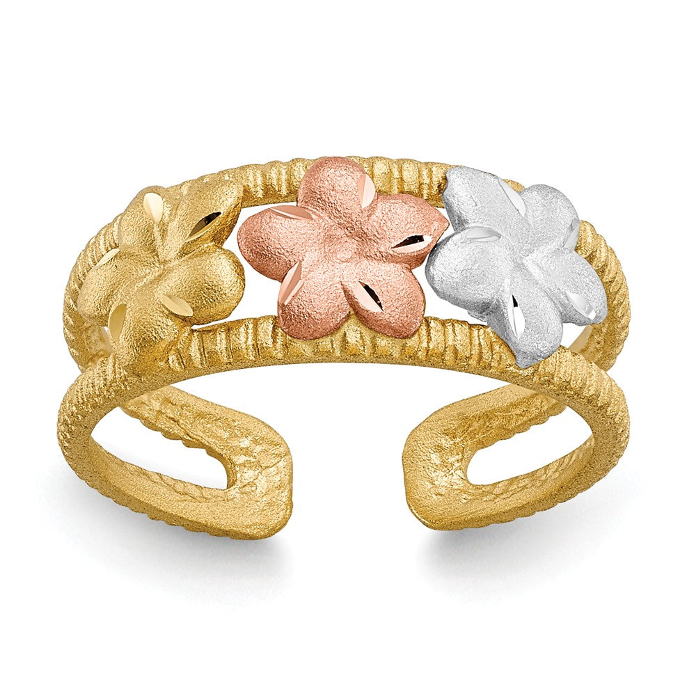 Tri-Color Plumeria Toe Ring in 14 Karat Gold, Item R8460 by The Black Bow Jewelry Co.