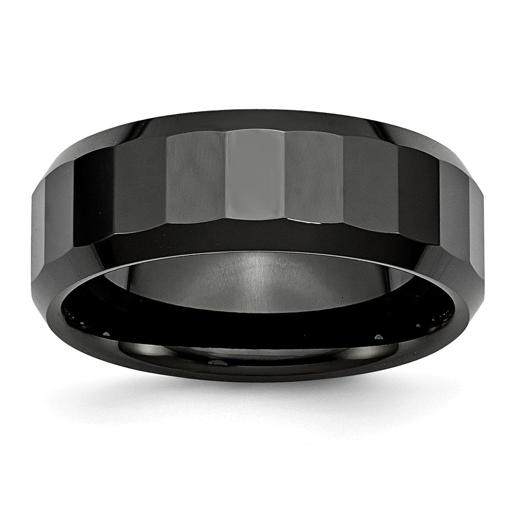 Black Ceramic, 8mm Faceted Unisex Comfort Fit Band, Item R8628 by The Black Bow Jewelry Co.