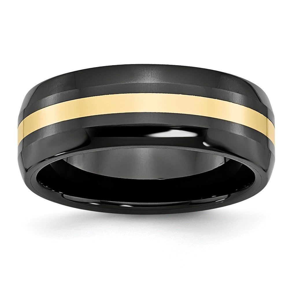 Black Ceramic and 14K Gold, 8mm Inlay Comfort Fit Band, Item R8634 by The Black Bow Jewelry Co.