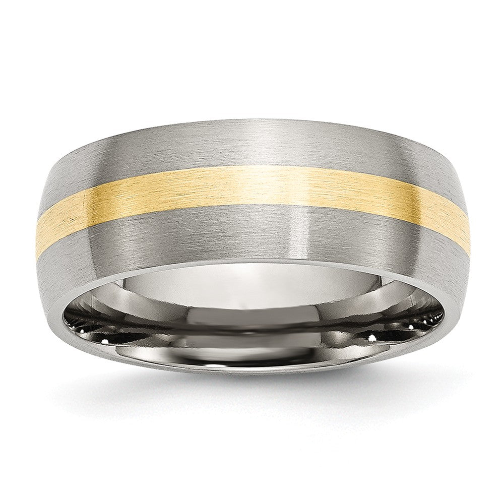 Stainless Steel &amp; 14K Gold Inlay, 8mm Satin Unisex Band, Item R8637 by The Black Bow Jewelry Co.
