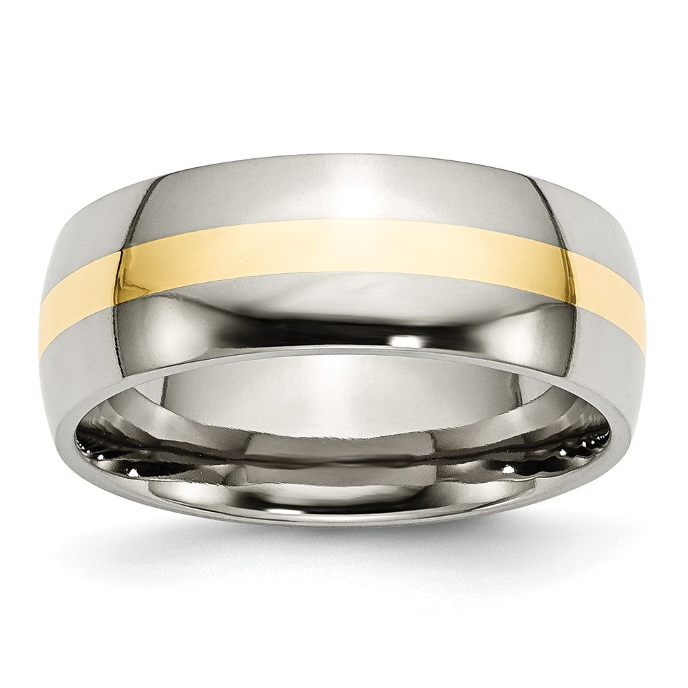Stainless Steel &amp; 14K Gold Inlay, 8mm Polished Unisex Comfort Fit Band, Item R8638 by The Black Bow Jewelry Co.