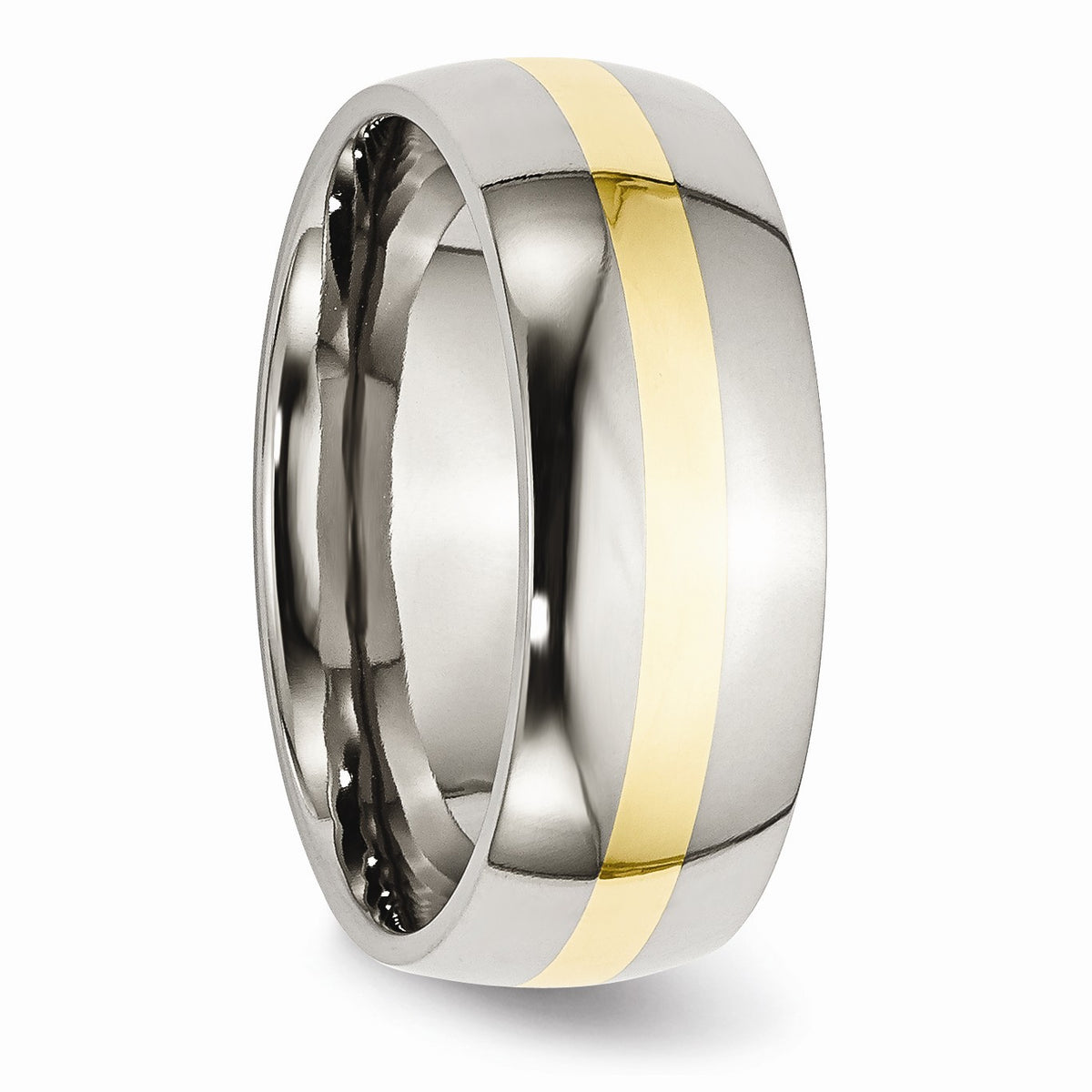 Alternate view of the Stainless Steel &amp; 14K Gold Inlay, 8mm Polished Unisex Comfort Fit Band by The Black Bow Jewelry Co.