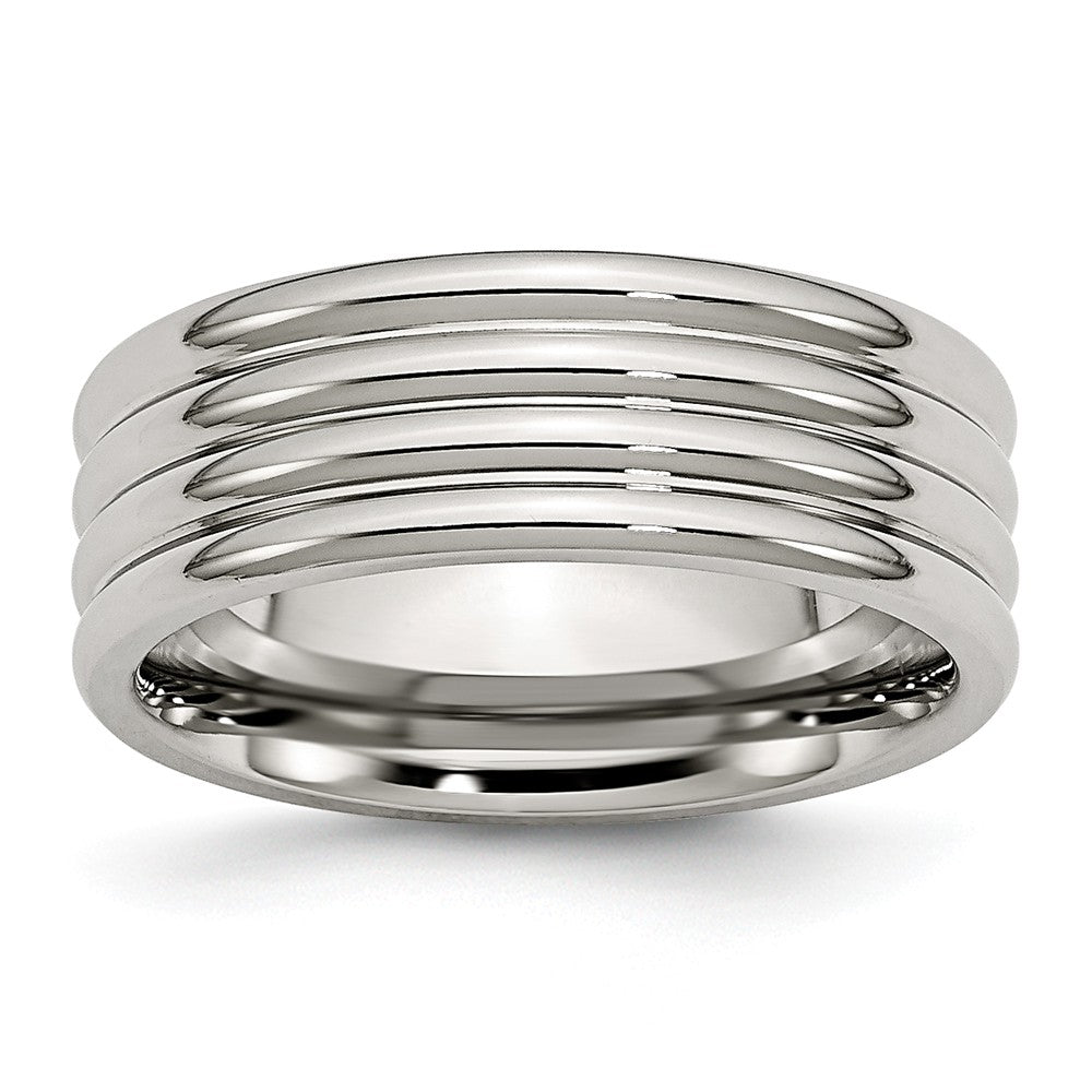 Stainless Steel, 8mm Multi Grooved Unisex Comfort Fit Band, Item R8641 by The Black Bow Jewelry Co.