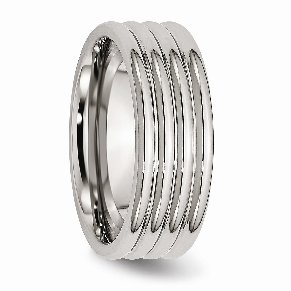 Alternate view of the Stainless Steel, 8mm Multi Grooved Unisex Comfort Fit Band by The Black Bow Jewelry Co.