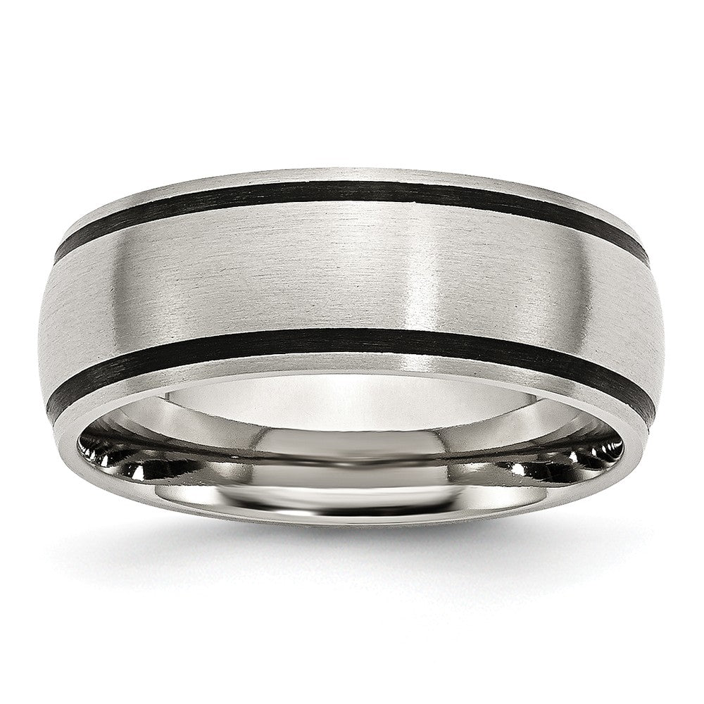 Stainless Steel &amp; Black Rubber, 8mm Satin Standard Fit Band, Item R8642 by The Black Bow Jewelry Co.