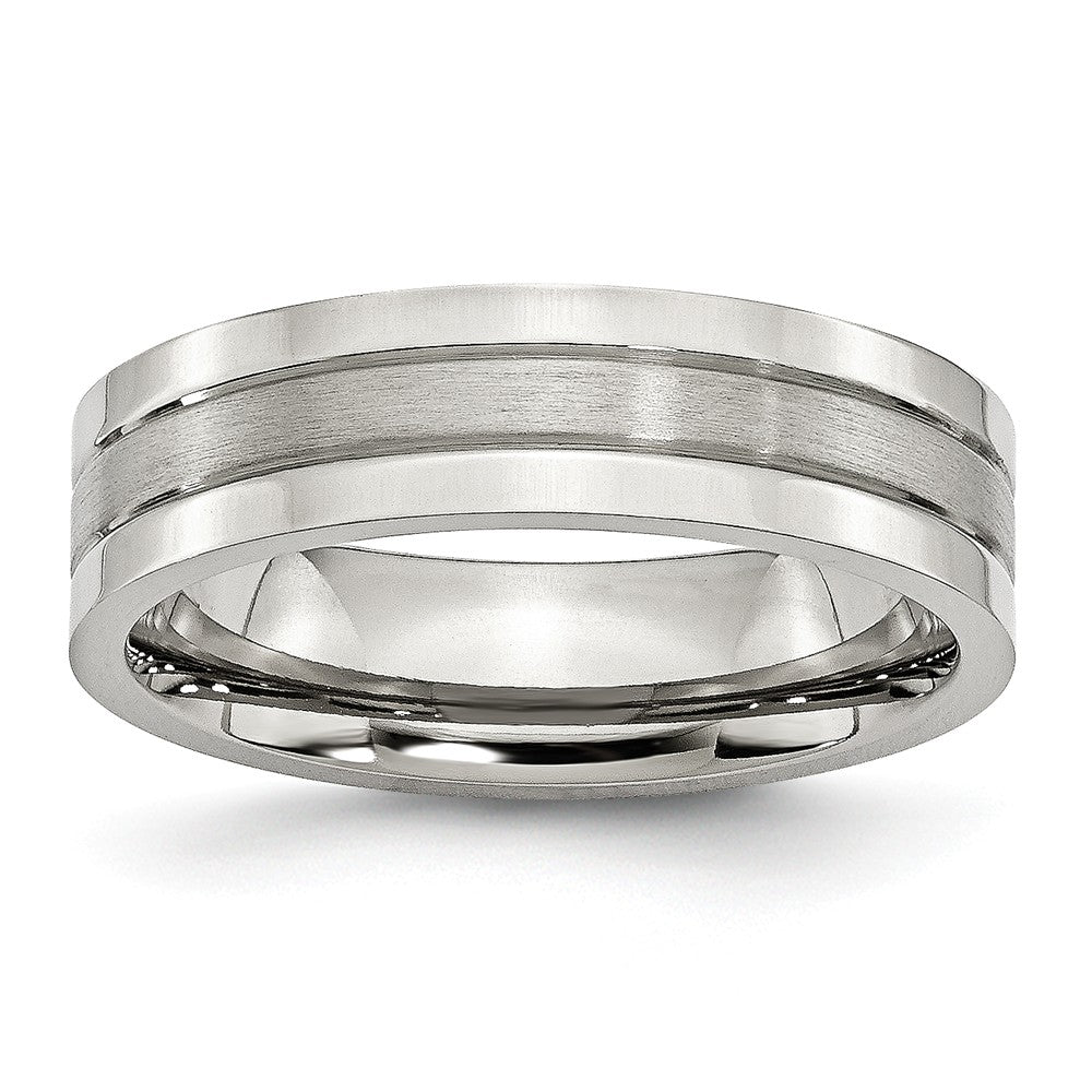 Stainless Steel, 6mm Flat Grooved Unisex Comfort Fit Band, Item R8644 by The Black Bow Jewelry Co.