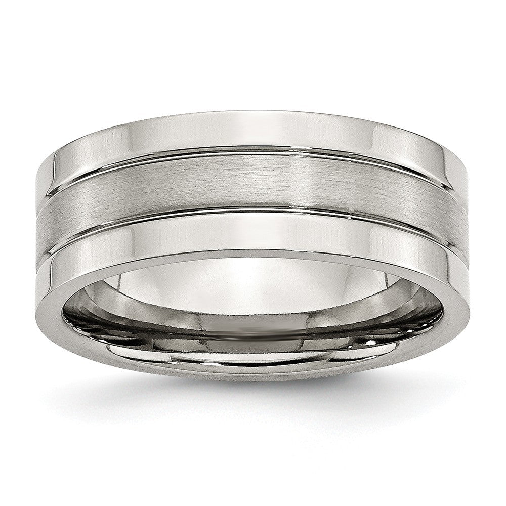 Stainless Steel, 8mm Flat Grooved Unisex Comfort Fit Band, Item R8645 by The Black Bow Jewelry Co.