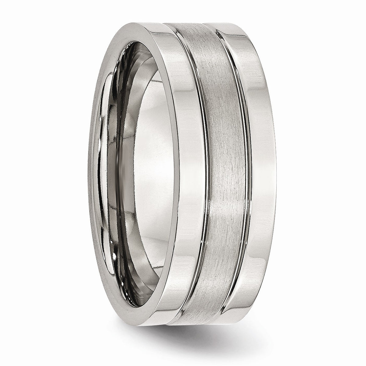 Alternate view of the Stainless Steel, 8mm Flat Grooved Unisex Comfort Fit Band by The Black Bow Jewelry Co.