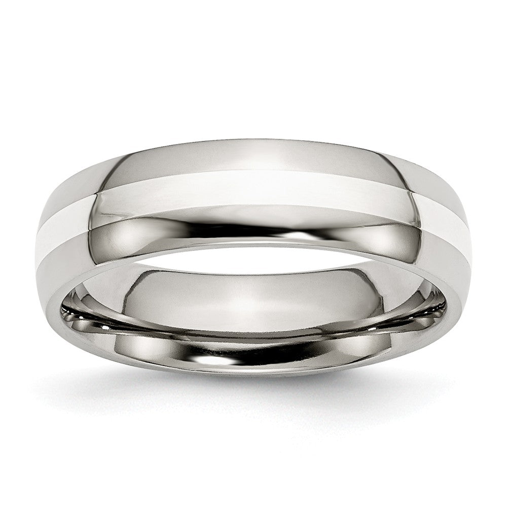 Stainless Steel &amp; Sterling Silver Inlay, 6mm Unisex Comfort Fit Band, Item R8646 by The Black Bow Jewelry Co.