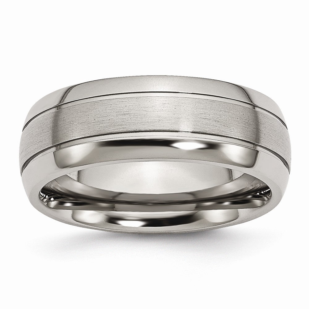Titanium, 8mm Multi Finish and Grooved Comfort Fit Band, Item R8651 by The Black Bow Jewelry Co.