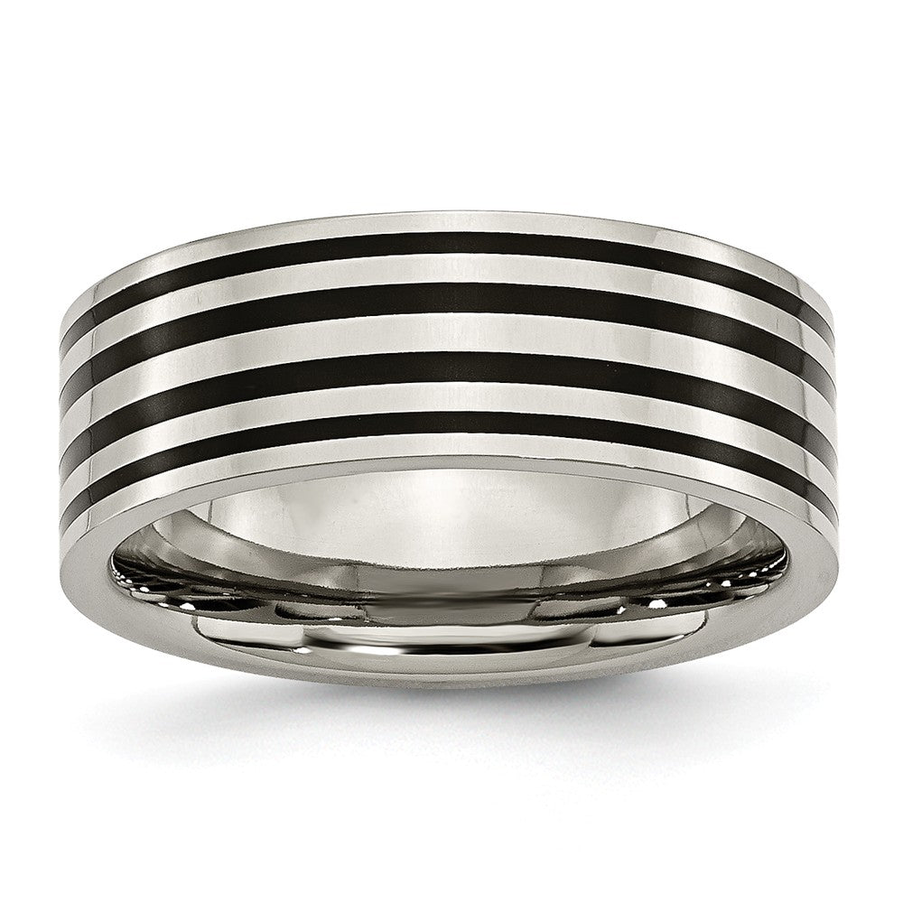 Titanium and Black Enamel, 8mm Striped Unisex Comfort Fit Band, Item R8658 by The Black Bow Jewelry Co.