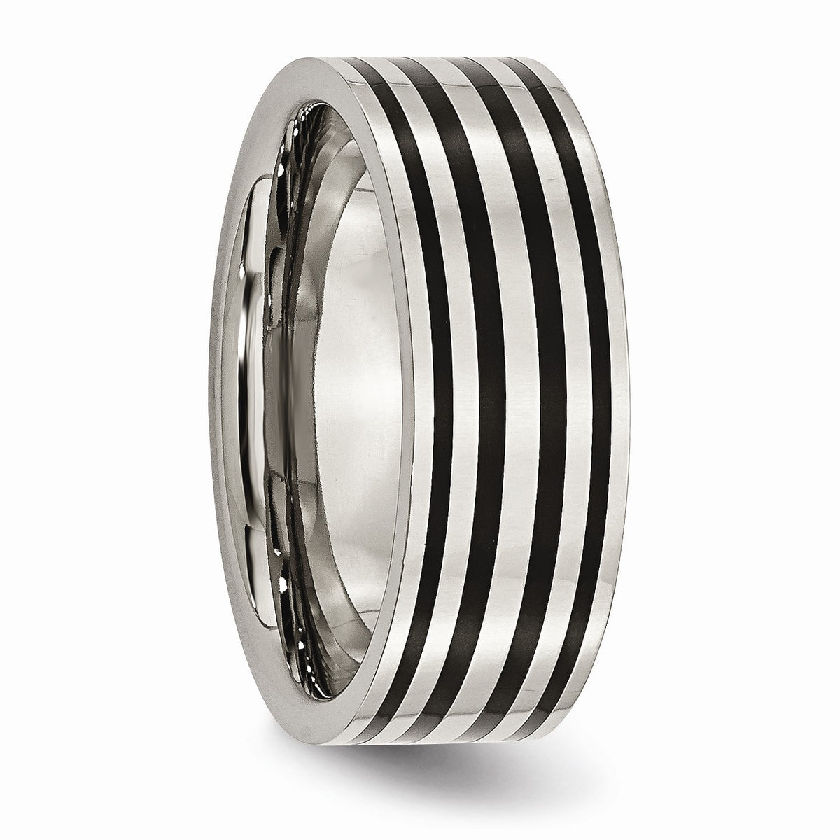 Alternate view of the Titanium and Black Enamel, 8mm Striped Unisex Comfort Fit Band by The Black Bow Jewelry Co.