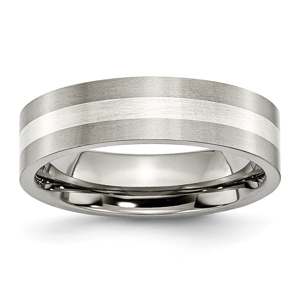 Titanium &amp; Sterling Silver Inlay, 6mm Satin Flat Comfort Fit Band, Item R8661 by The Black Bow Jewelry Co.