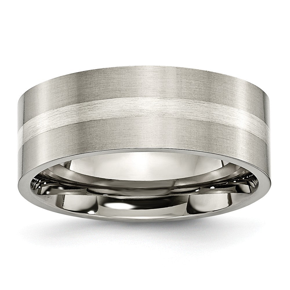 Titanium &amp; Sterling Silver Inlay, 8mm Satin Flat Comfort Fit Band, Item R8662 by The Black Bow Jewelry Co.