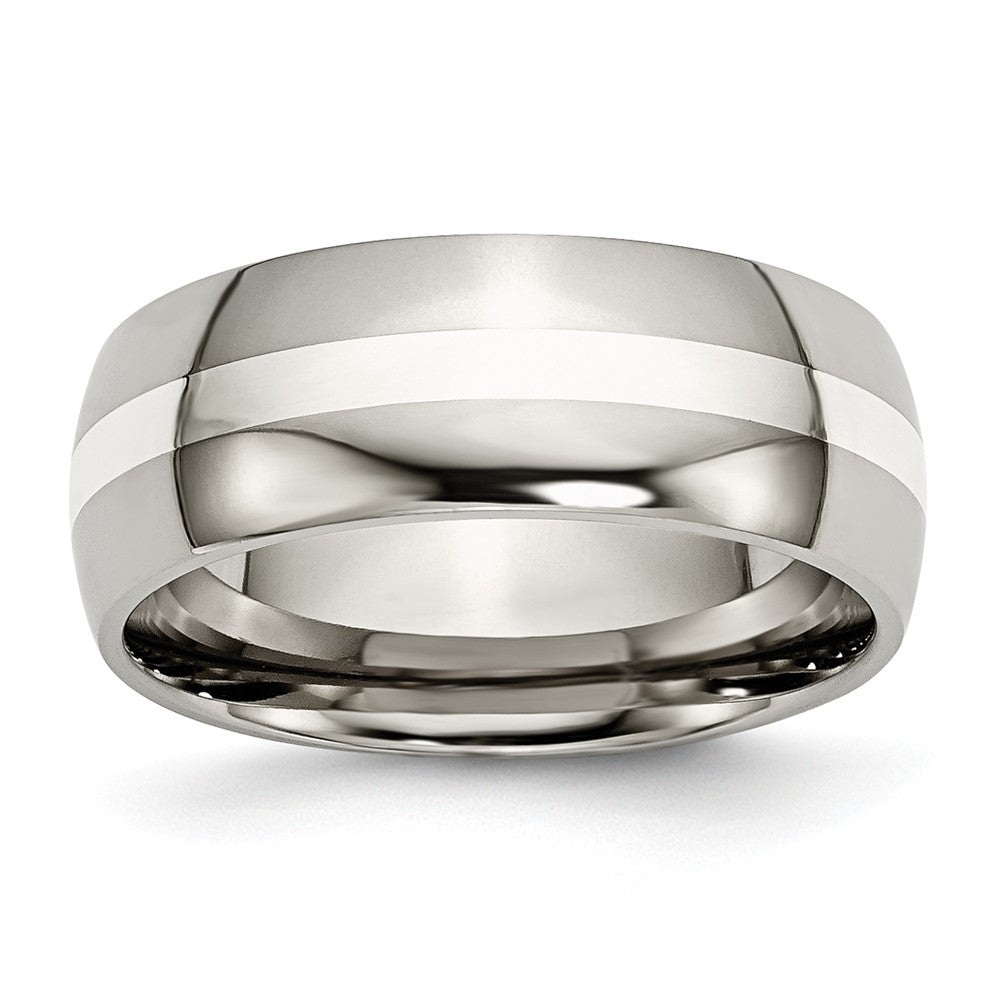 Titanium &amp; Sterling Silver Inlay, 8mm Polished Domed Standard Fit Band, Item R8665 by The Black Bow Jewelry Co.