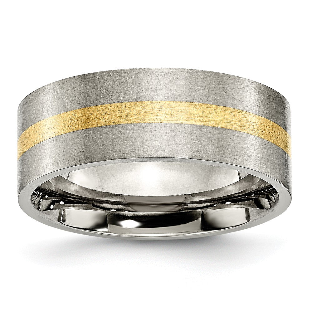 Titanium and 14K Gold, 8mm Flat Unisex Satin Finish Comfort Fit Band, Item R8668 by The Black Bow Jewelry Co.