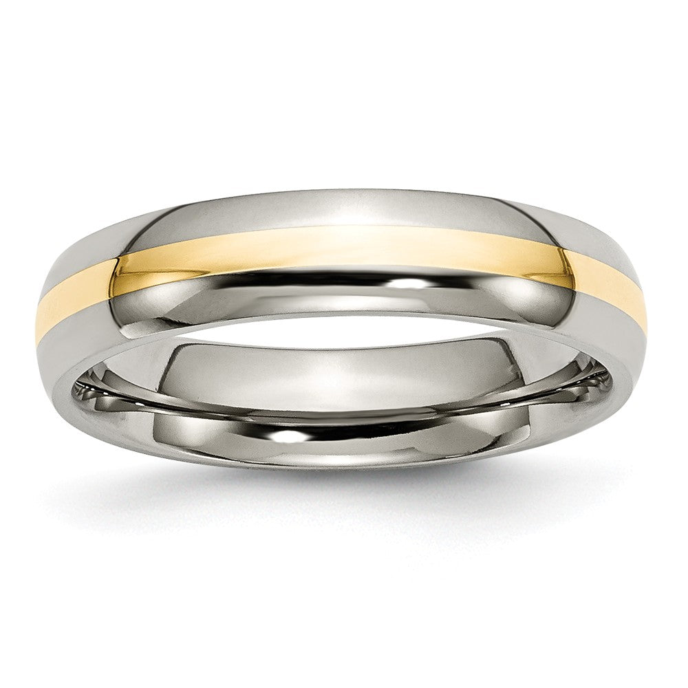 Titanium and 14K Gold, 5mm Striped Unisex Standard Fit Band, Item R8669 by The Black Bow Jewelry Co.