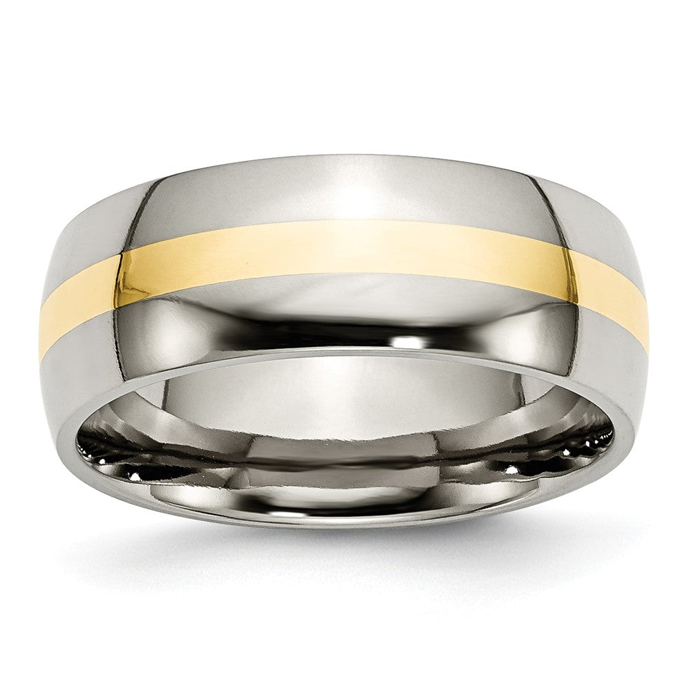 Titanium and 14K Gold, 8mm Striped Unisex Standard Fit Band, Item R8670 by The Black Bow Jewelry Co.