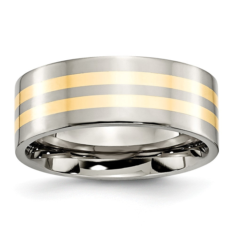 Titanium and 14K Gold Double Striped, 8mm Flat Unisex Comfort Fit Band, Item R8672 by The Black Bow Jewelry Co.