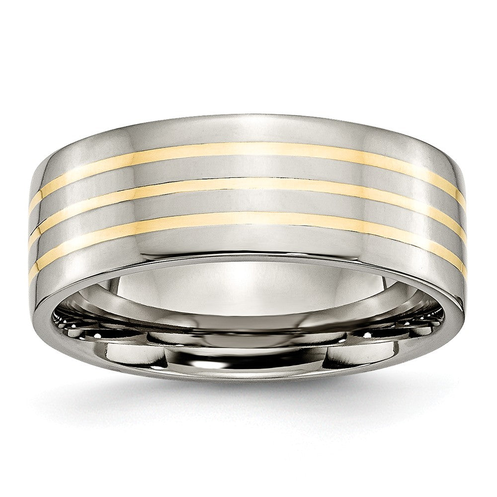 Titanium and 14K Gold, 8mm Flat Unisex Comfort Fit Band, Item R8673 by The Black Bow Jewelry Co.