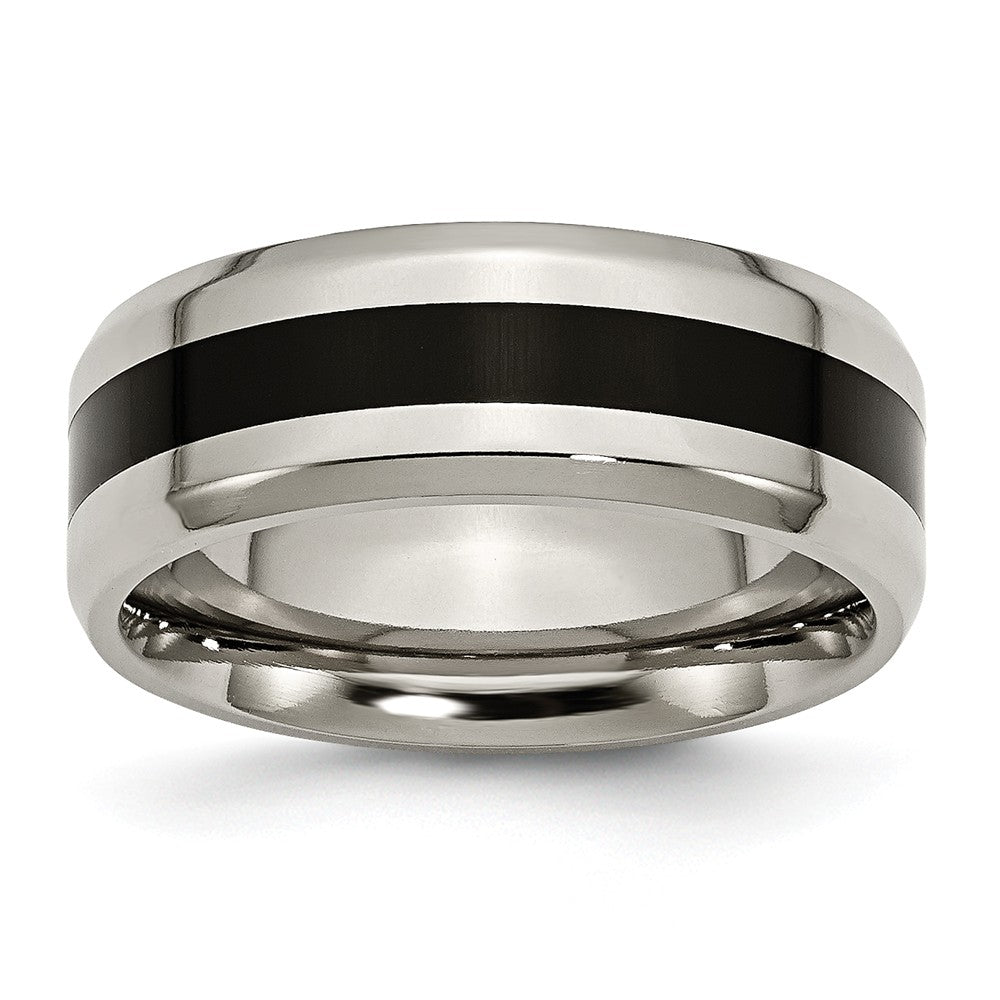 Titanium and Black Enamel, 8mm Striped Comfort Fit Band, Item R8676 by The Black Bow Jewelry Co.