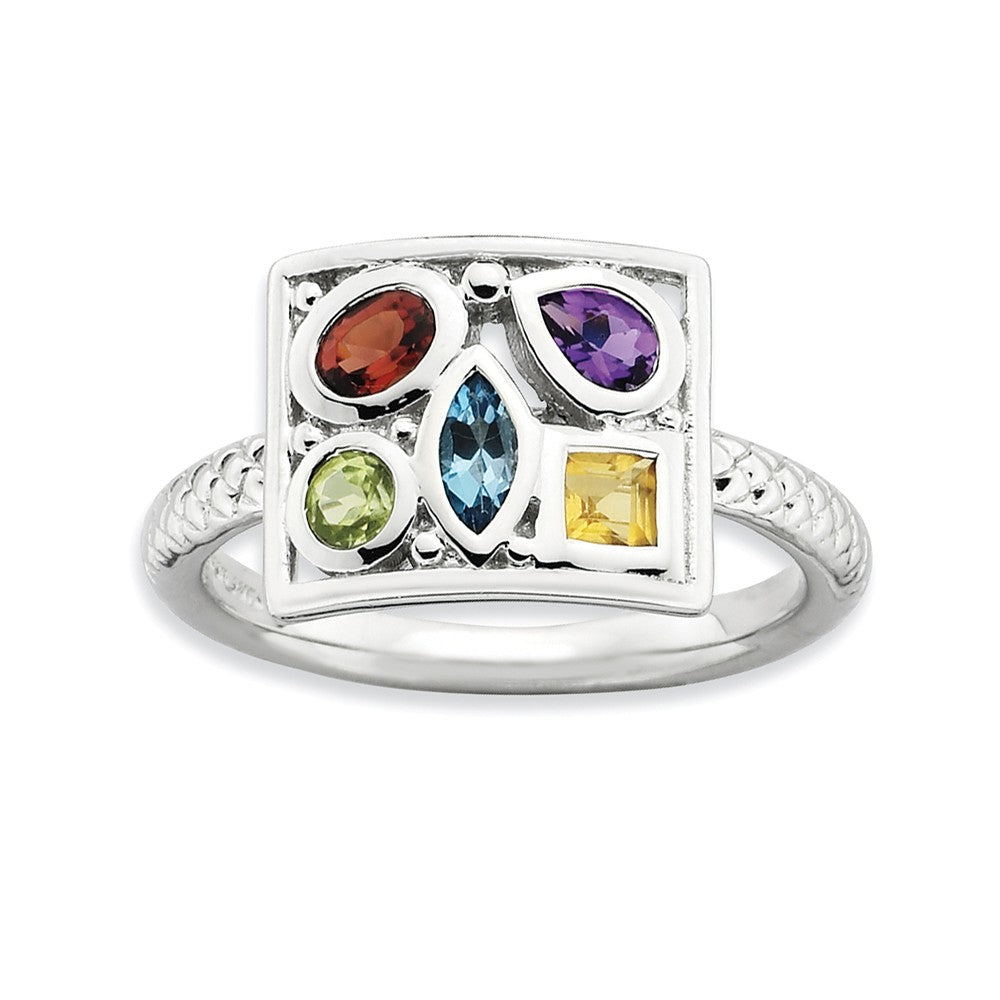 Rhodium Plated Sterling Silver &amp; Gemstone Stackable 10mm Collage Ring, Item R8805 by The Black Bow Jewelry Co.