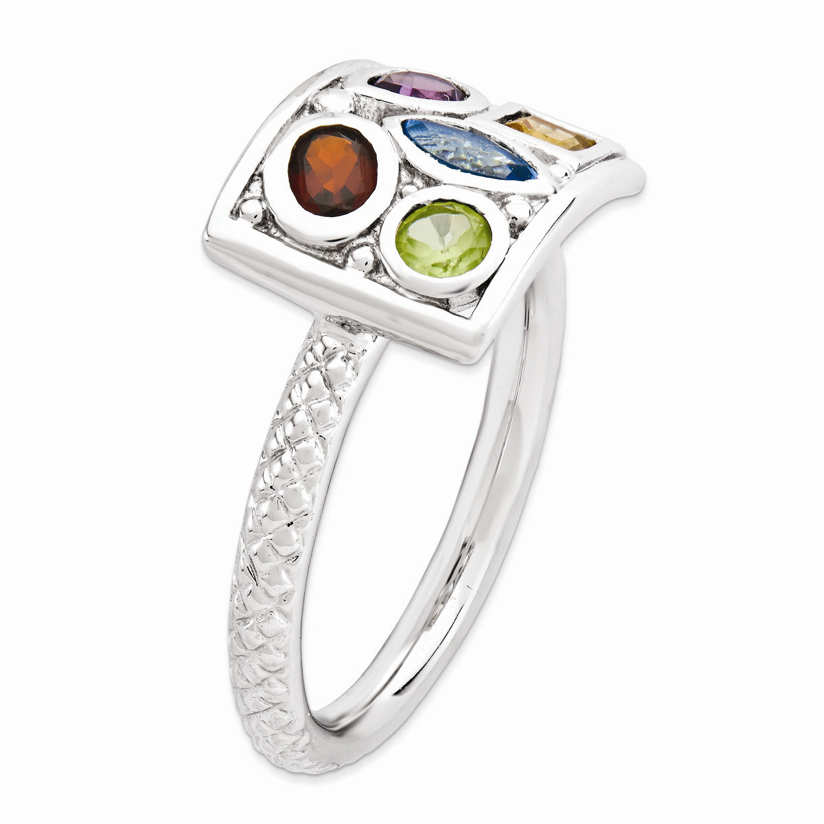 Alternate view of the Rhodium Plated Sterling Silver &amp; Gemstone Stackable 10mm Collage Ring by The Black Bow Jewelry Co.