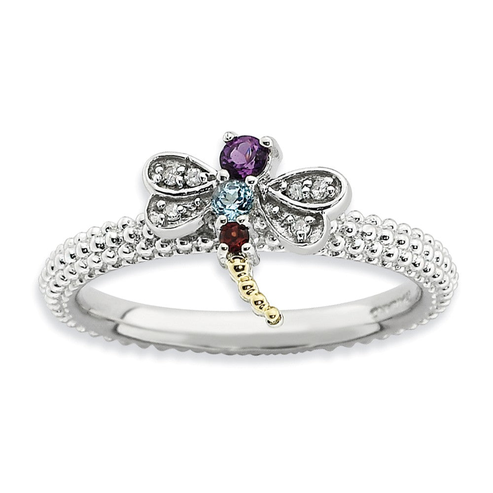 Sterling Silver, 14k Accent, Gemstone &amp; Diamond Dragonfly Stack Ring, Item R8806 by The Black Bow Jewelry Co.