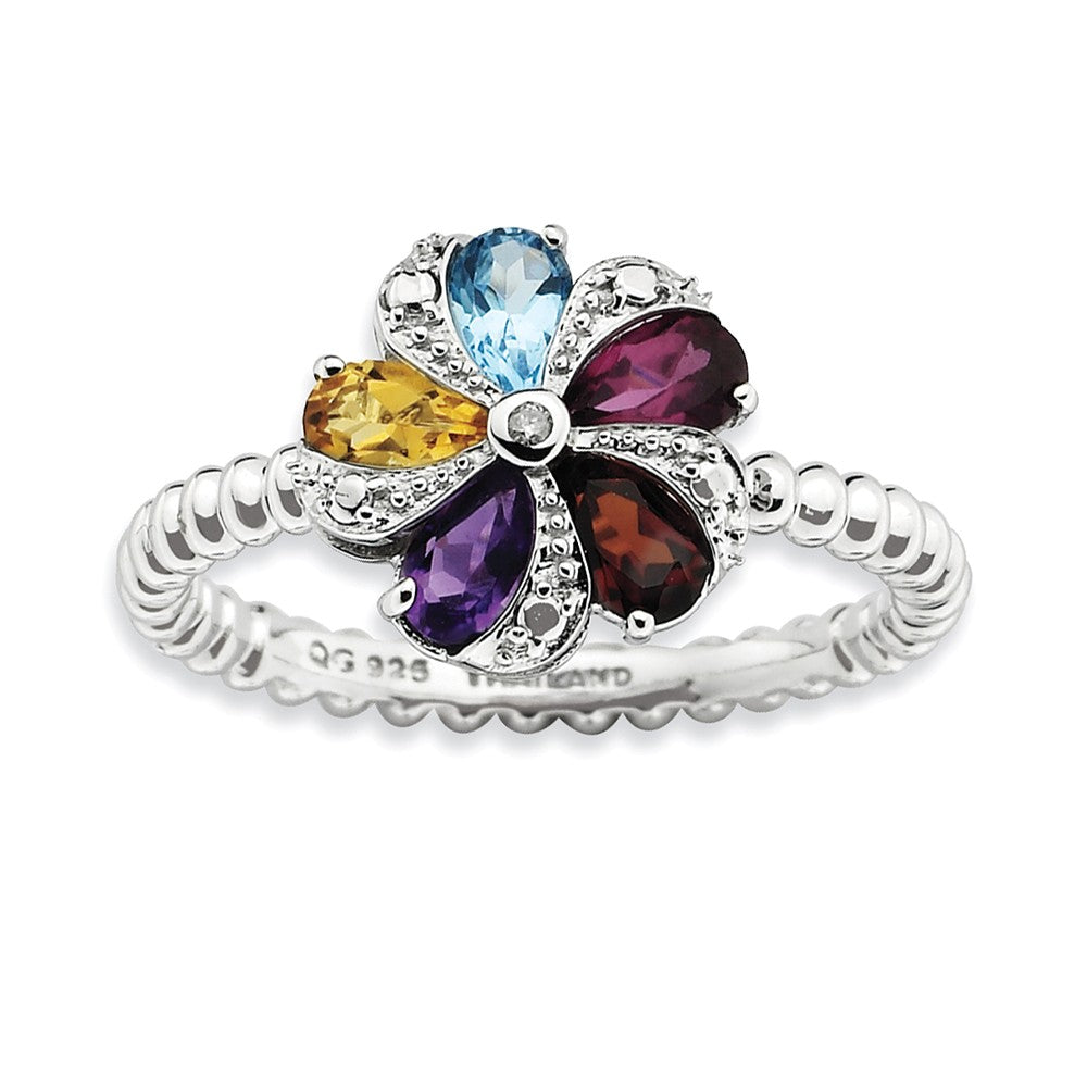 Gemstone, 1pt Diamond &amp; Sterling Silver Stackable 11mm Flower Ring, Item R8807 by The Black Bow Jewelry Co.