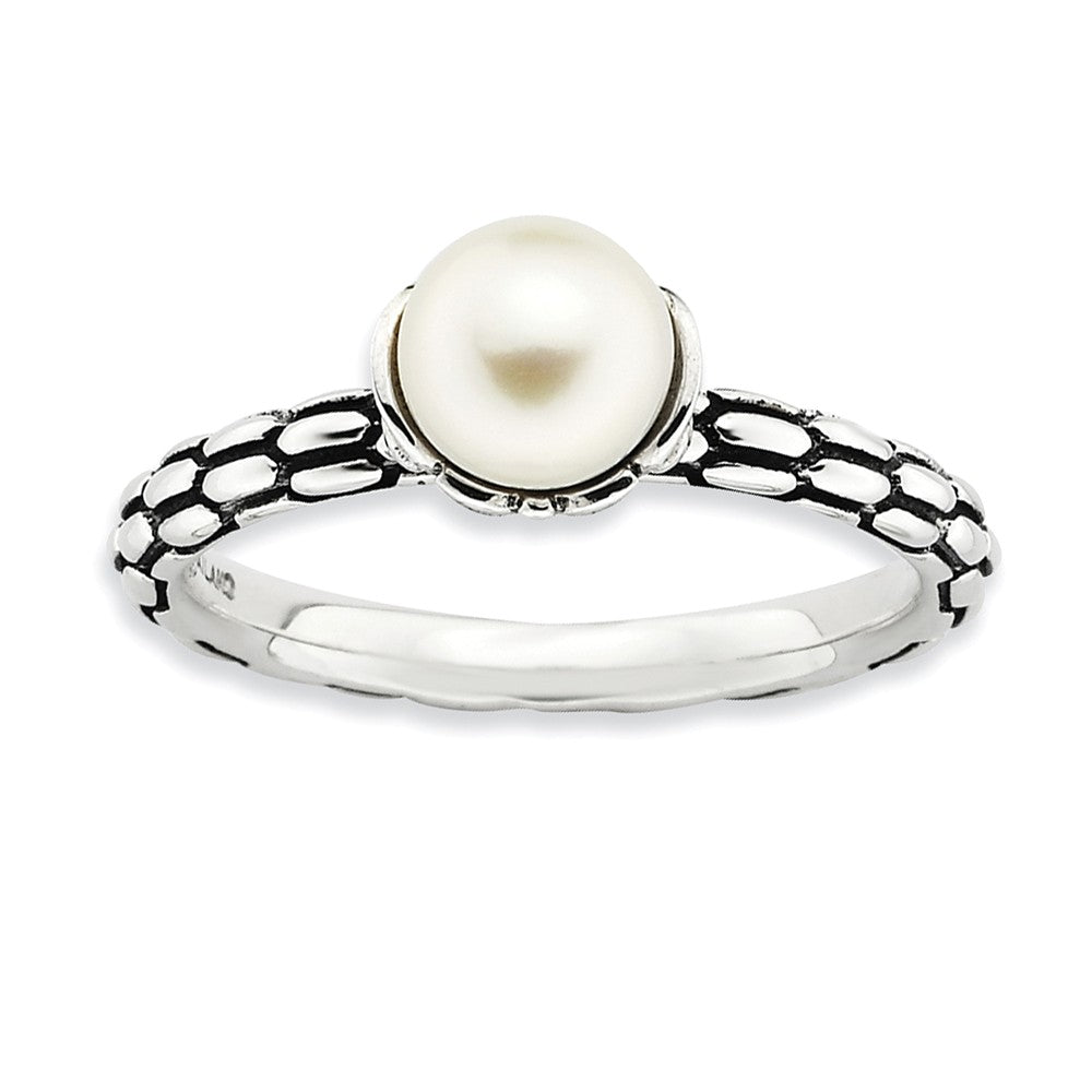 FW Cultured Pearl Sterling Silver Stackable Antiqued Ring (6.0-6.5mm), Item R8810 by The Black Bow Jewelry Co.