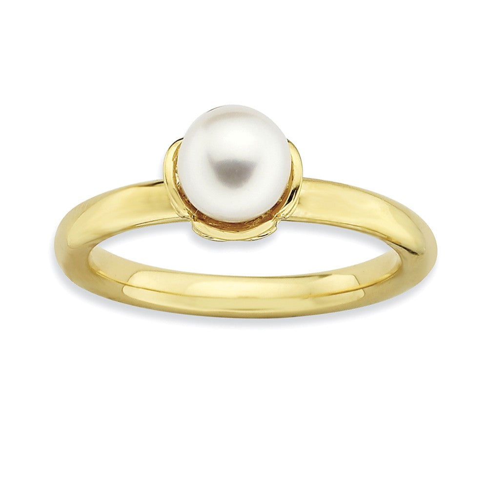 FW Cultured Pearl &amp; 14k Yellow Gold Plated Sterling Silver Stack Ring, Item R8812 by The Black Bow Jewelry Co.