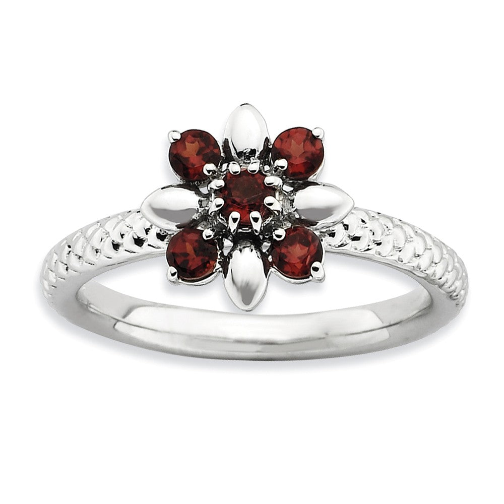 Sterling Silver &amp; Garnet Stackable 5 Round Stone Flower Ring, Item R8831 by The Black Bow Jewelry Co.