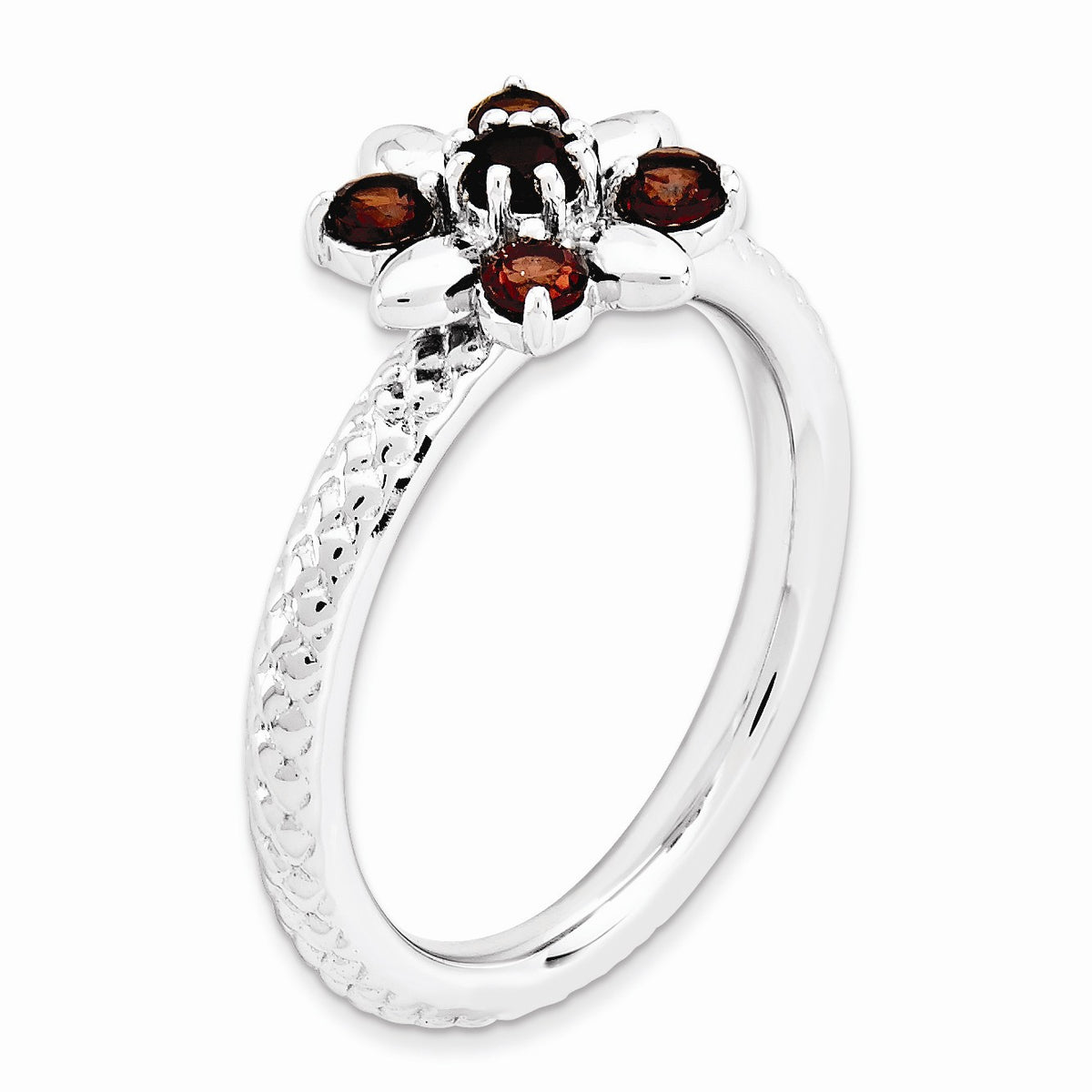 Alternate view of the Sterling Silver &amp; Garnet Stackable 5 Round Stone Flower Ring by The Black Bow Jewelry Co.