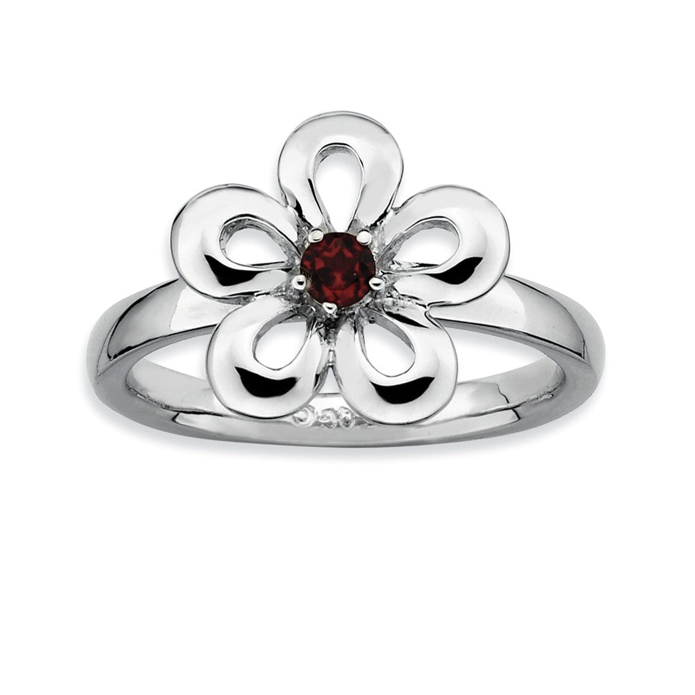 Sterling Silver Stackable Garnet Petal Flower Ring, Item 8833 by The Black Bow Jewelry Co.