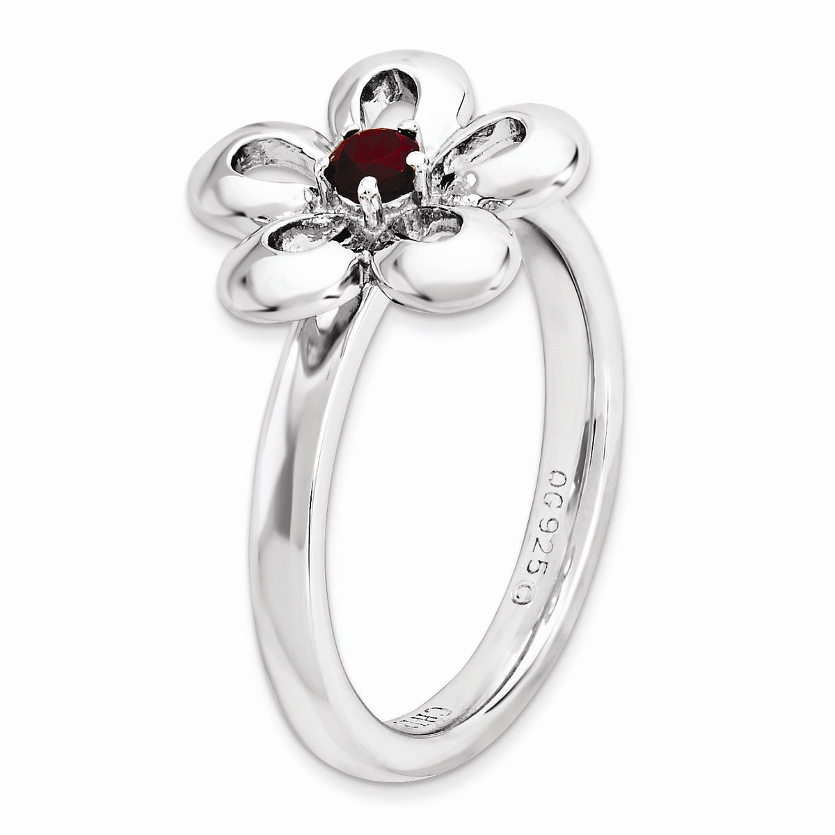 Alternate view of the Sterling Silver Stackable Garnet Petal Flower Ring by The Black Bow Jewelry Co.