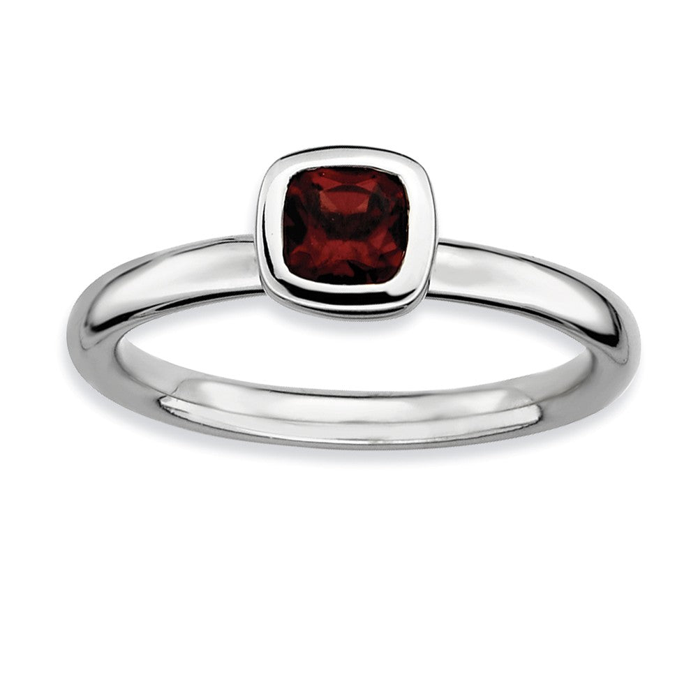 Sterling Silver Stackable Cushion Cut Garnet Solitaire Ring, Item R8836 by The Black Bow Jewelry Co.