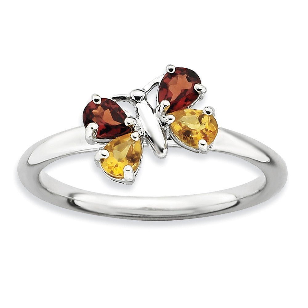 Stackable Pear Shape Garnet and Citrine Gemstone Butterfly Ring, Item R8839 by The Black Bow Jewelry Co.