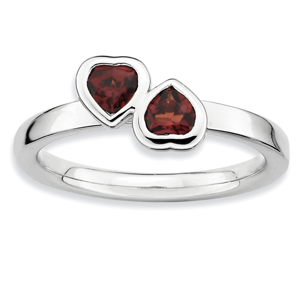 Sterling Silver Stackable Double Heart Garnet Ring, Item R8843 by The Black Bow Jewelry Co.