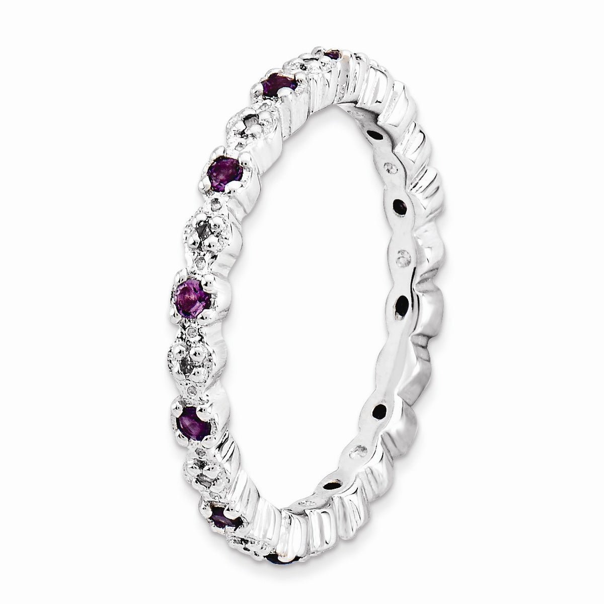 Alternate view of the Rhodium Plate Sterling Silver Stackable Amethyst .04 Ctw Diamond Band by The Black Bow Jewelry Co.