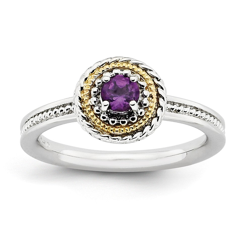 Sterling Silver and 14k Gold Plated Stackable Amethyst Solitaire Ring, Item R8857 by The Black Bow Jewelry Co.