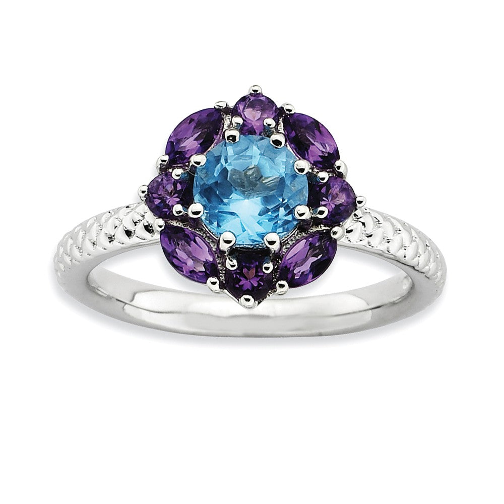 Sterling Silver Stackable Amethyst &amp; Topaz Gemstone Flower Ring, Item R8860 by The Black Bow Jewelry Co.